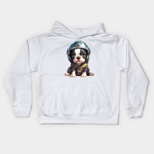 Boston Terrier Dog in Helmet Kids Hoodie